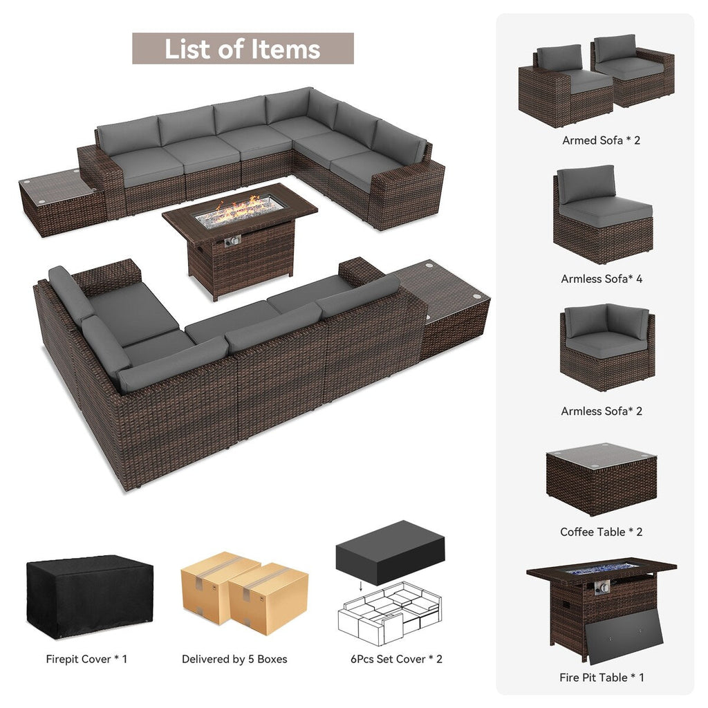 Ensemble de mobilier de patio 13 pièces avec table de foyer de 44 pouces