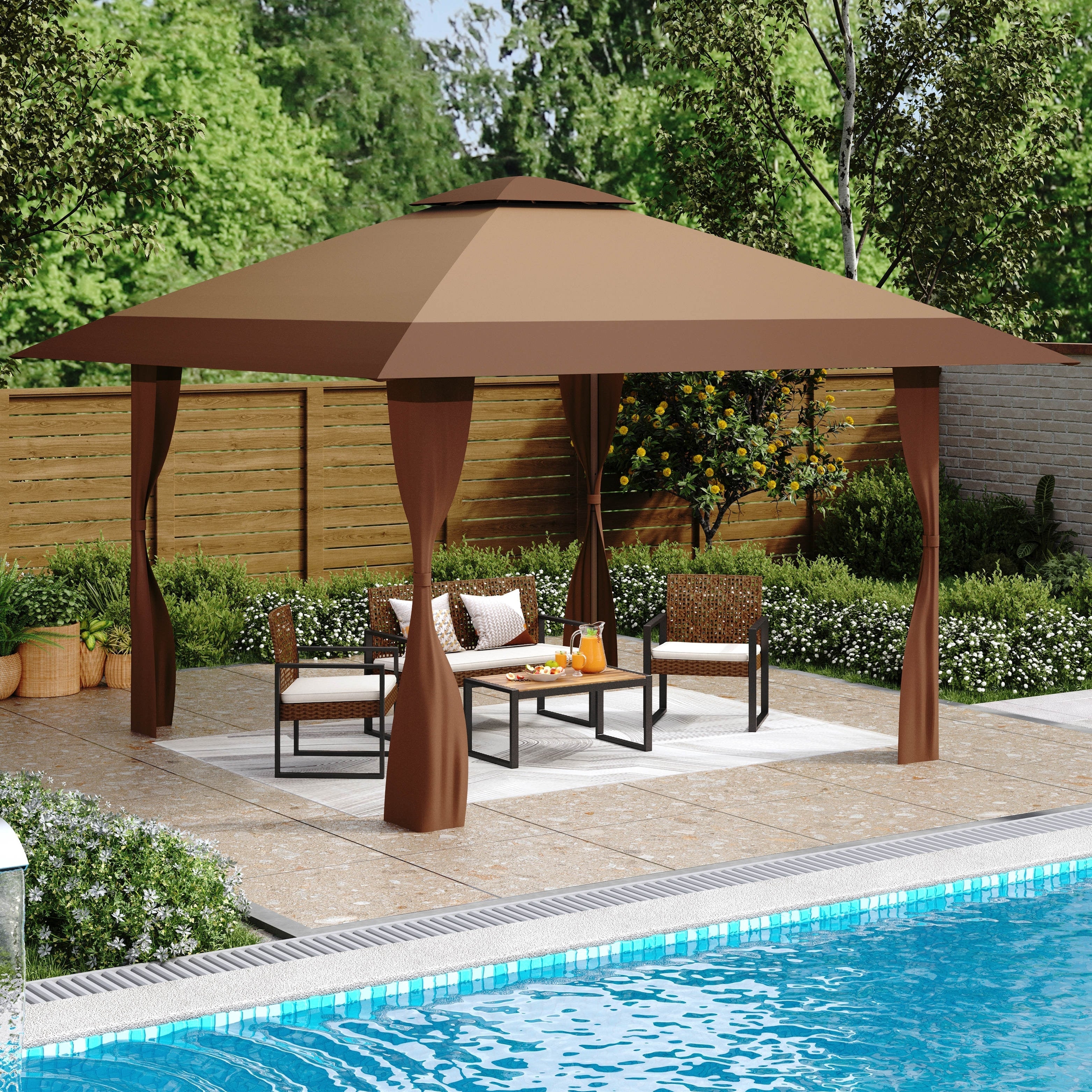 Toit de jardin pliable et renforcé de 4 m x 4 m avec élégant rideau d'angle - 4 m x 4 m