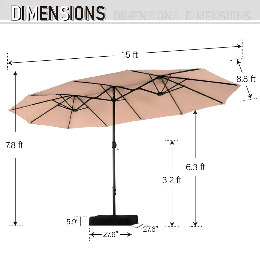 Parasol de marché d'extérieur rectangulaire de 4,57 m (15 pieds) à manivelle, double face, avec éclairage solaire LED et base incluse.