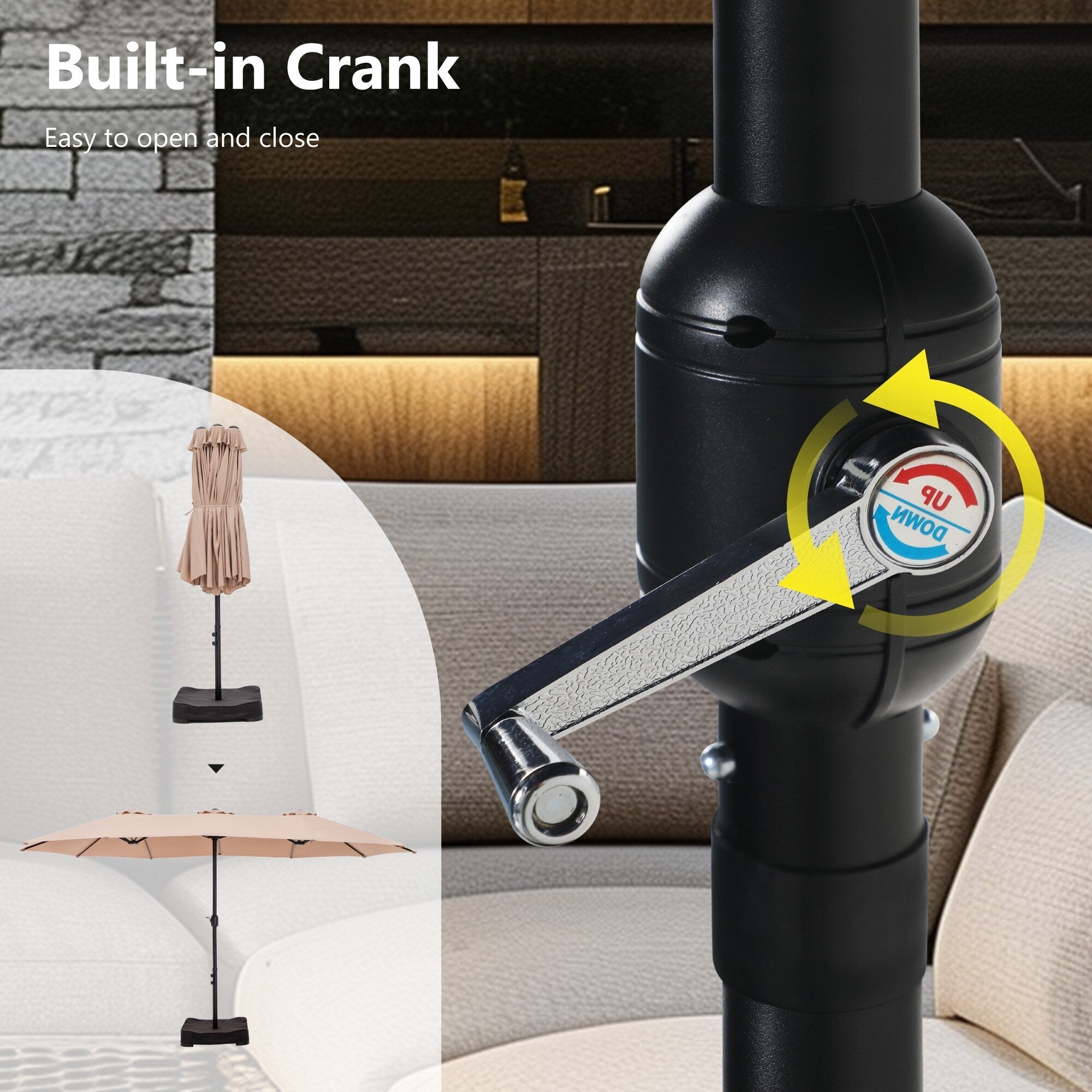 Parasol de marché d'extérieur rectangulaire de 4,57 m (15 pieds) à manivelle, double face, avec éclairage solaire LED et base incluse.