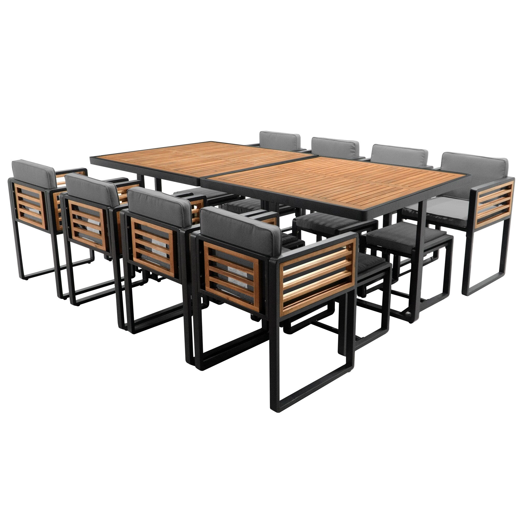 Ensemble de salle à manger de patio en bois d'acacia 18 pièces, comprenant 8 chaises rembourrées, 8 poufs et 2 tables carrées