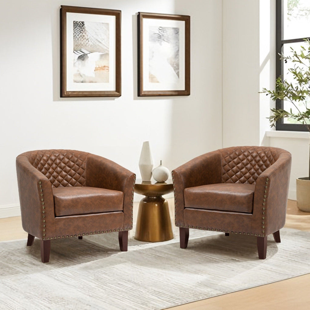 Lot de 2 fauteuils d'appoint cylindriques en similicuir végan de 74 cm de large avec garniture cloutée