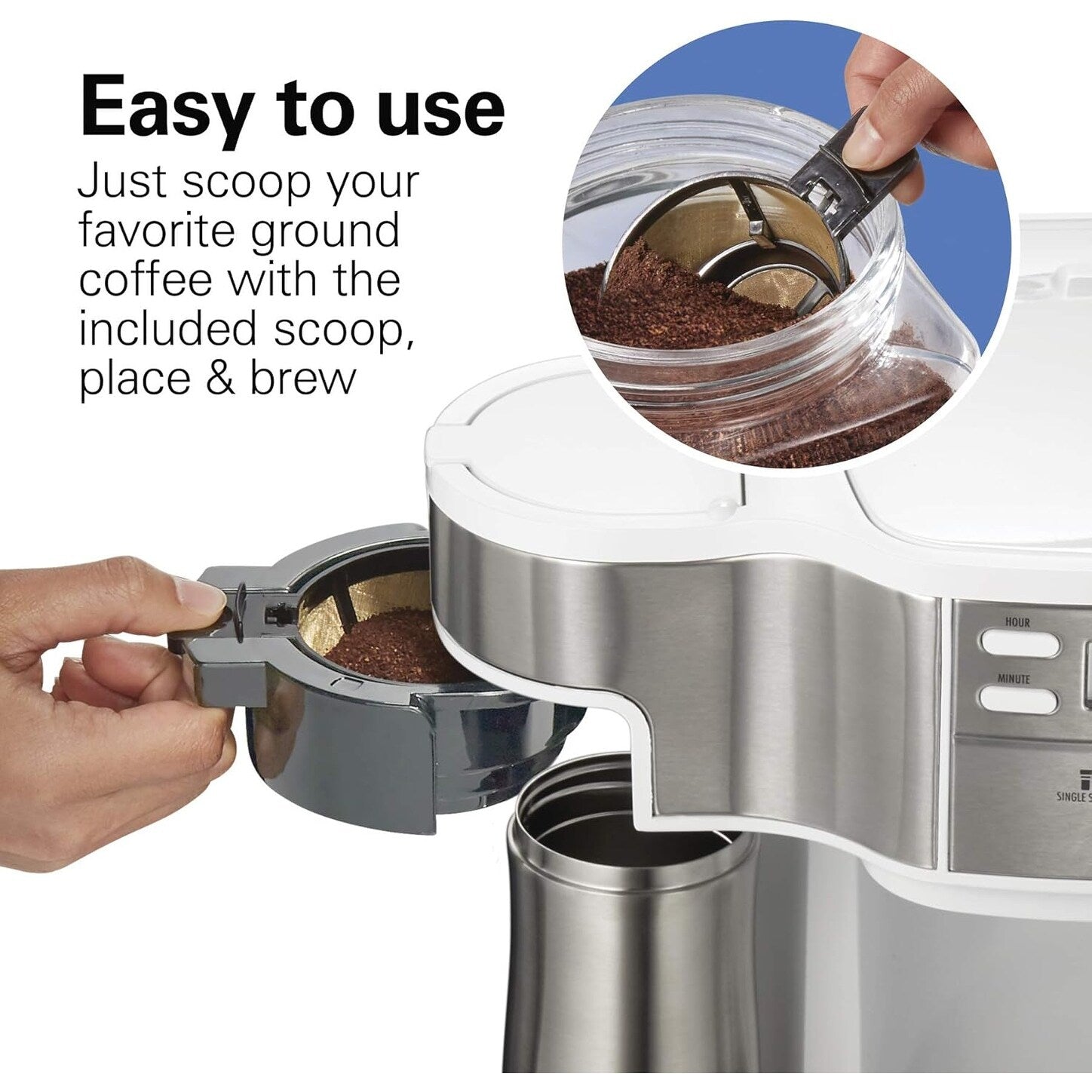 Cafetière 2 en 1 (12 tasses) et dosette individuelle, carafe en verre, pause et versement automatiques, blanche