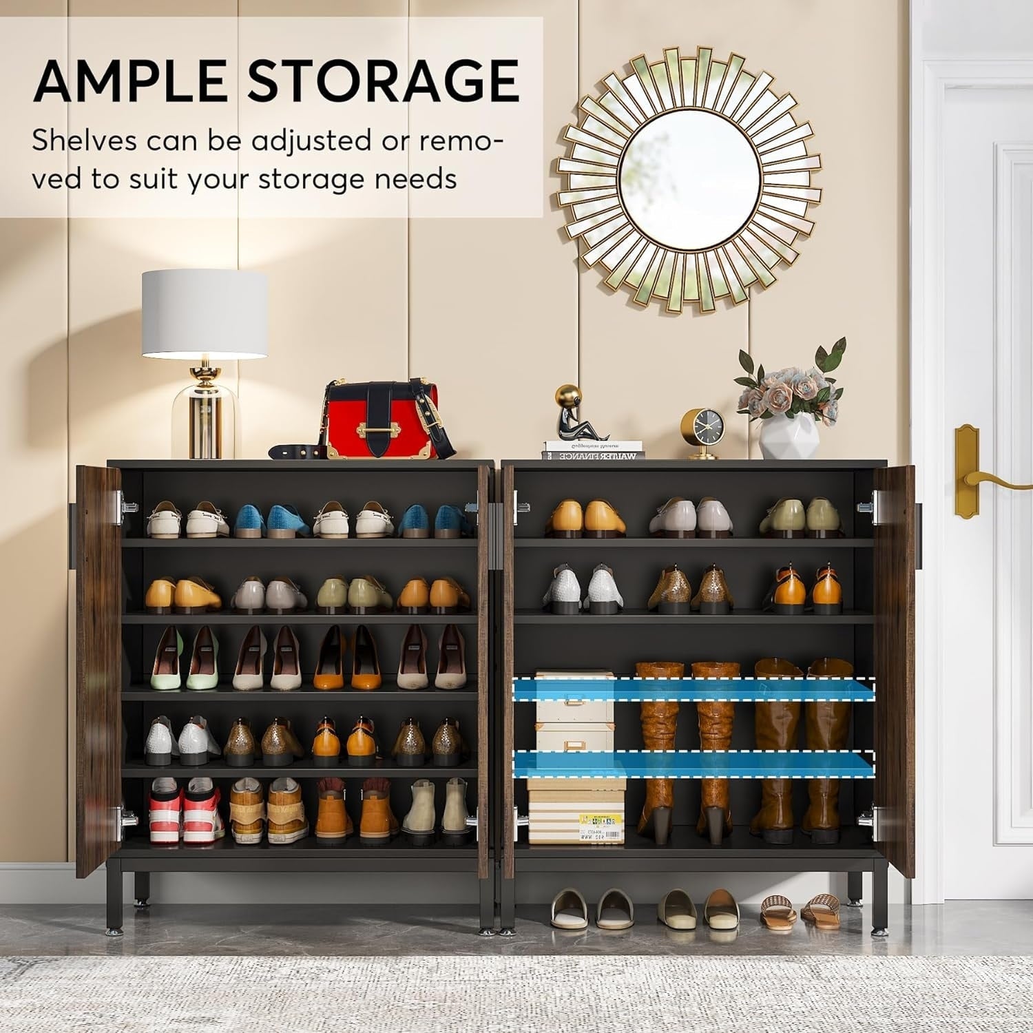 Meuble à chaussures pour 20 paires, 95 cm (37,4 pouces), meuble de rangement moderne avec portes, blanc et or