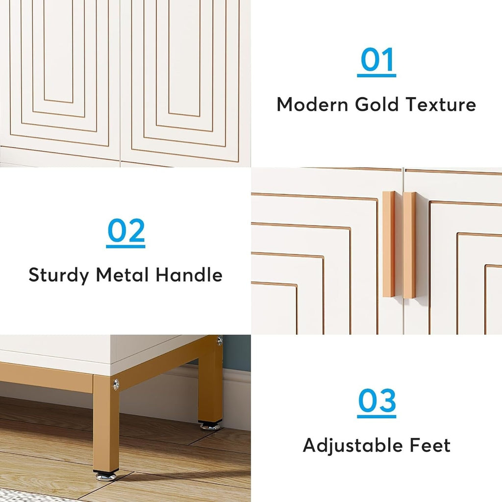 Meuble à chaussures pour 20 paires, 95 cm (37,4 pouces), meuble de rangement moderne avec portes, blanc et or