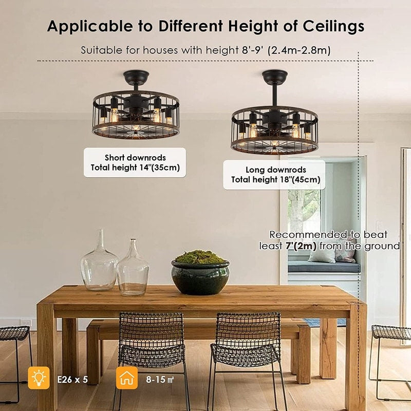 Ventilateur de plafond extra-plat de 50 cm avec éclairage intégré, finition bois style ferme moderne et télécommande.