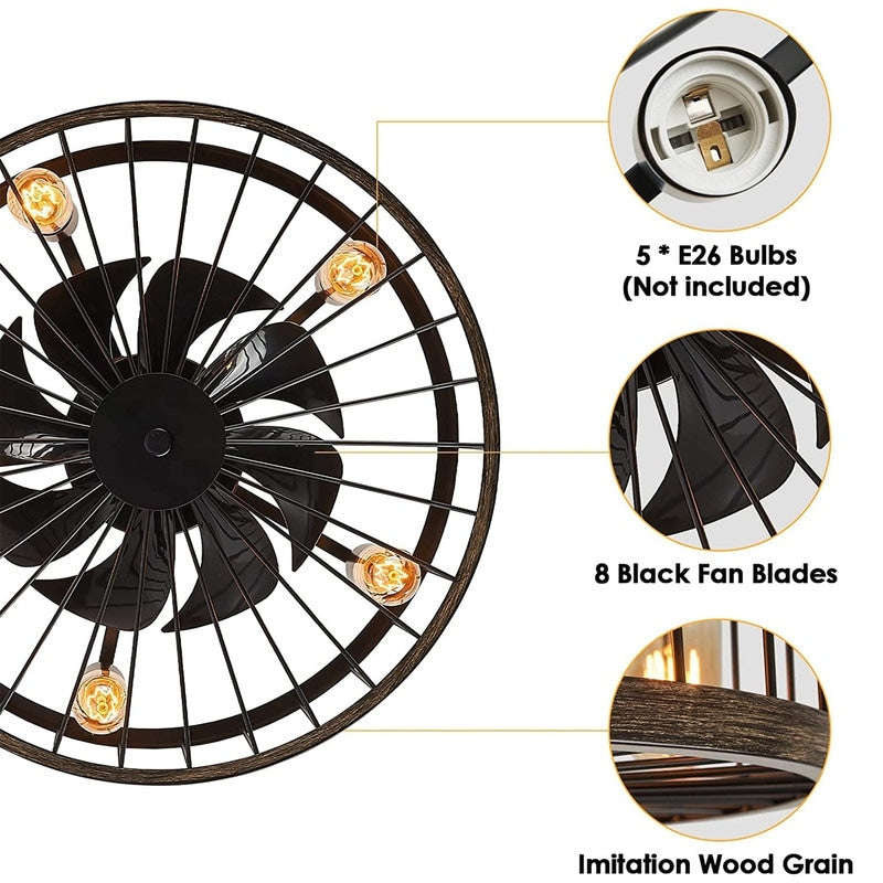 Ventilateur de plafond extra-plat de 50 cm avec éclairage intégré, finition bois style ferme moderne et télécommande.