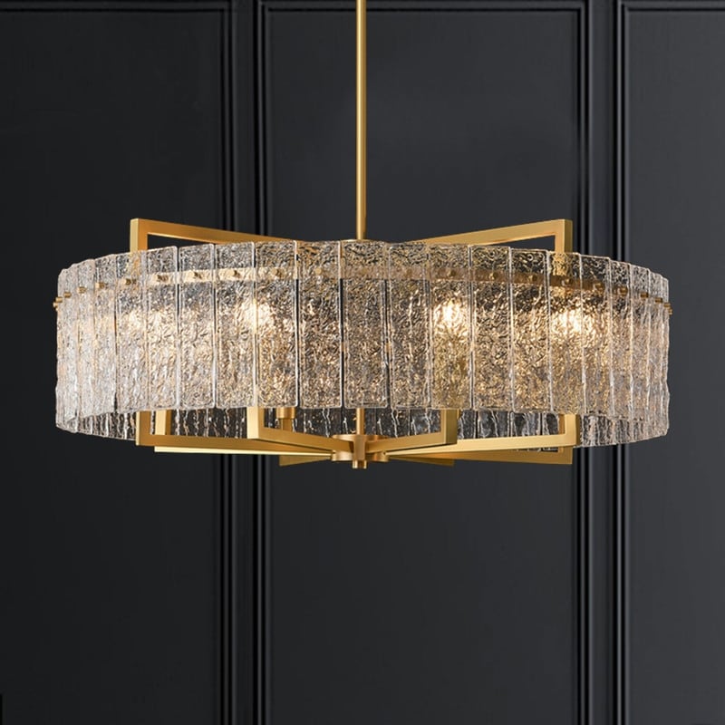 Lustre tambour moderne doré de 66 cm (26 po) en cristal, suspension à 6 lumières avec variateur, verre dépoli, idéal pour îlot de cuisine ou salle à manger.