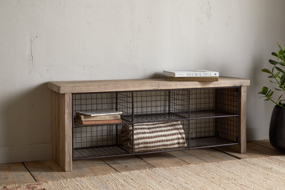 Banc de rangement Abha en bois et fer recyclés - Naturel