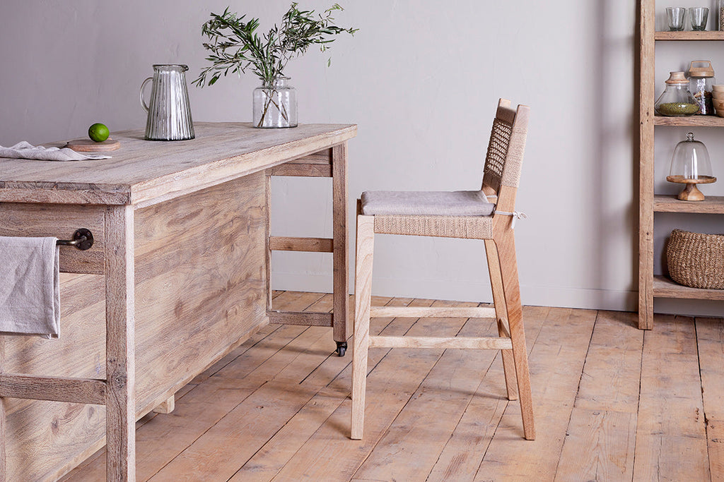 Chaise de comptoir en bois de manguier et corde Aamani - Naturel