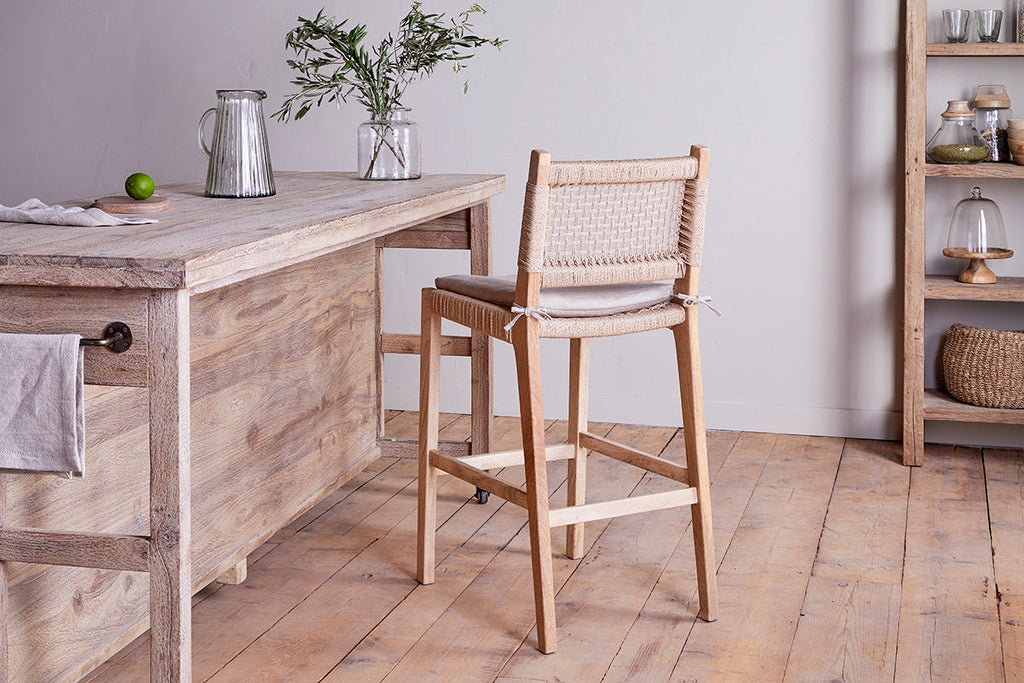 Chaise de comptoir en bois de manguier et corde Aamani - Naturel