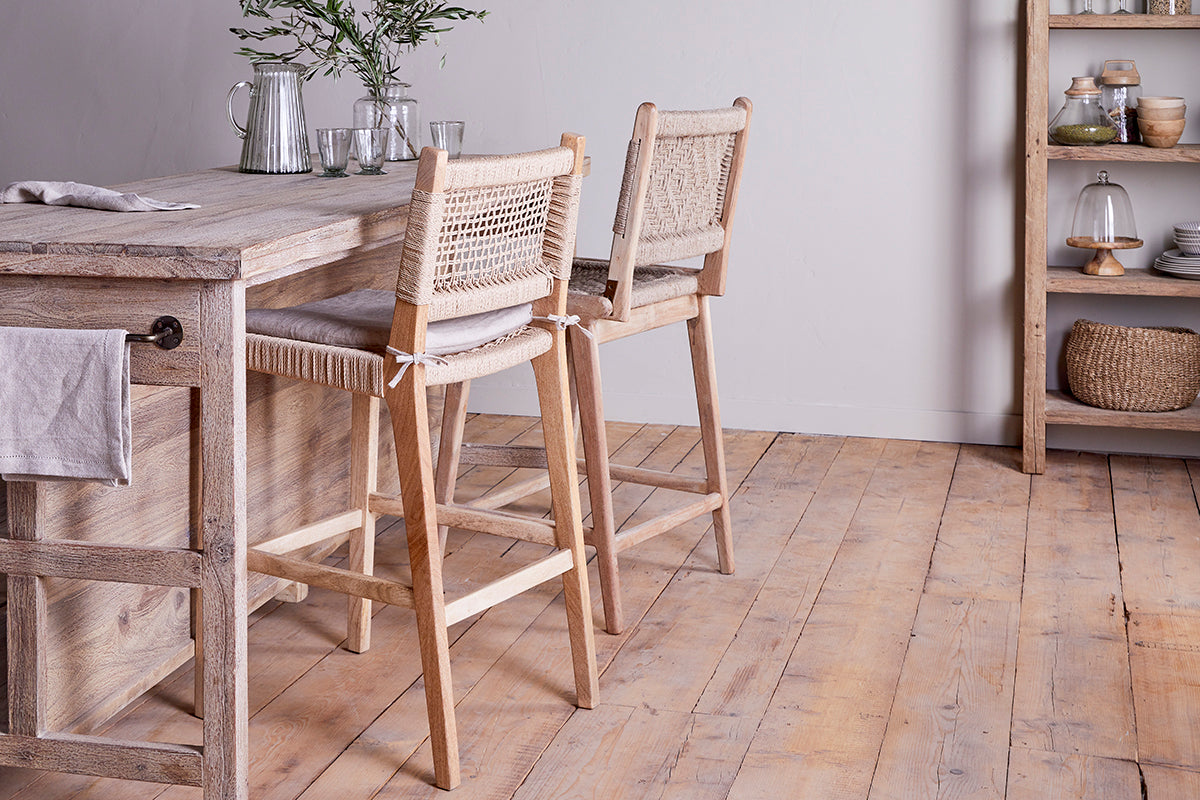 Chaise de comptoir en bois de manguier et corde Aamani - Naturel