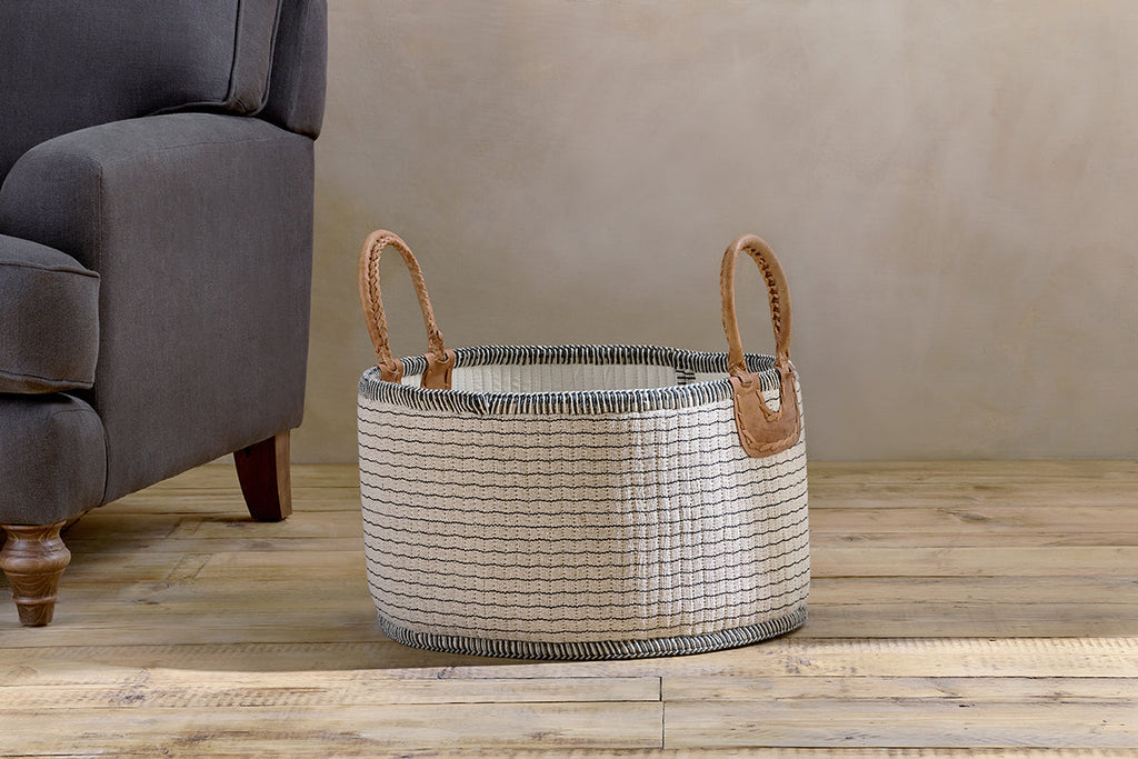 Panier Anjuli en jute et coton - Blanc cassé et noir