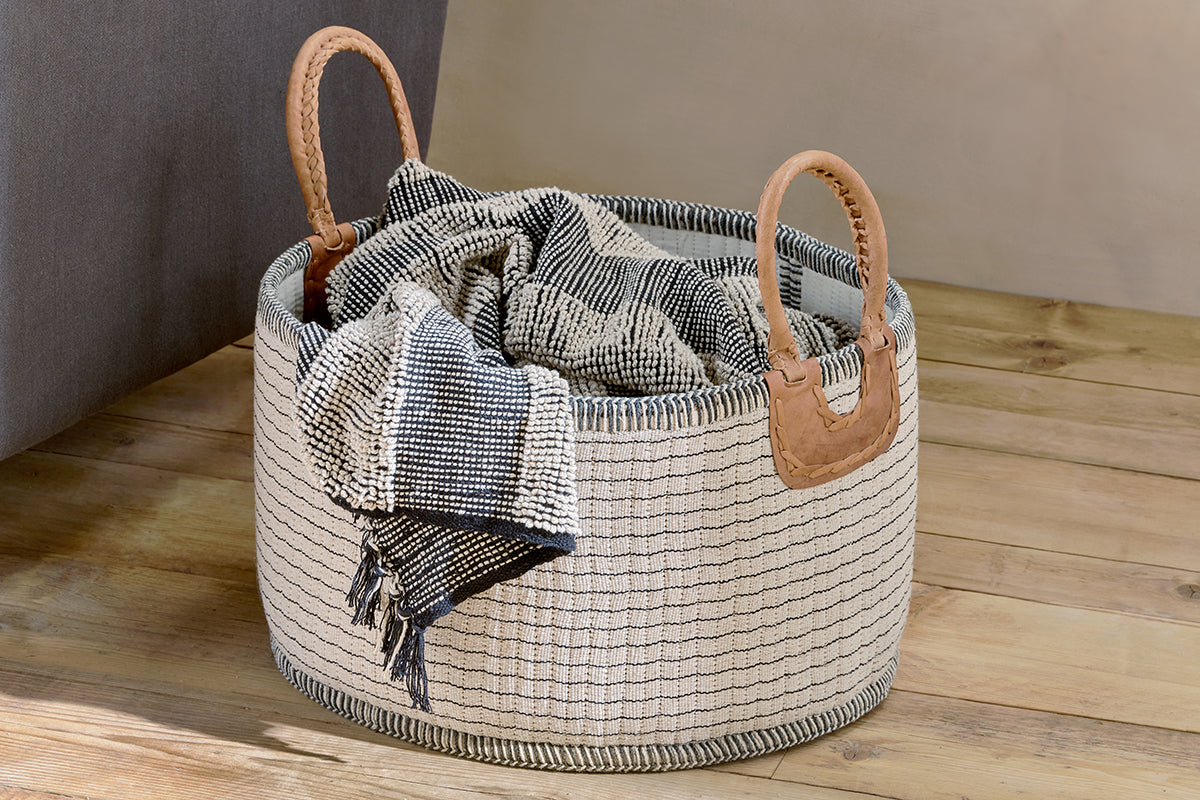 Panier Anjuli en jute et coton - Blanc cassé et noir