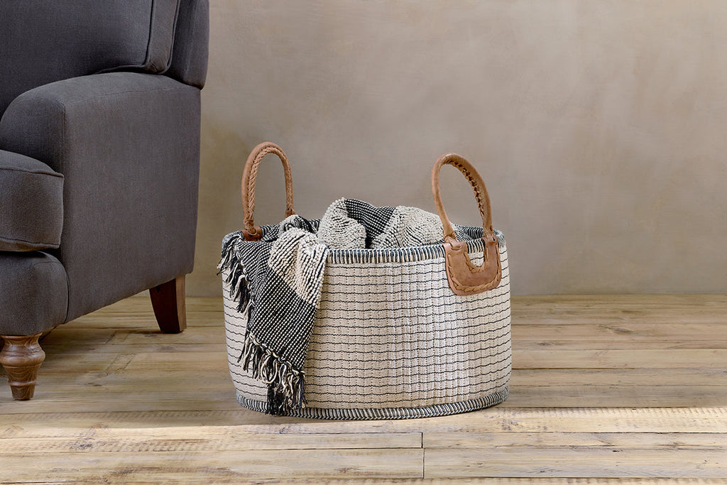 Panier Anjuli en jute et coton - Blanc cassé et noir