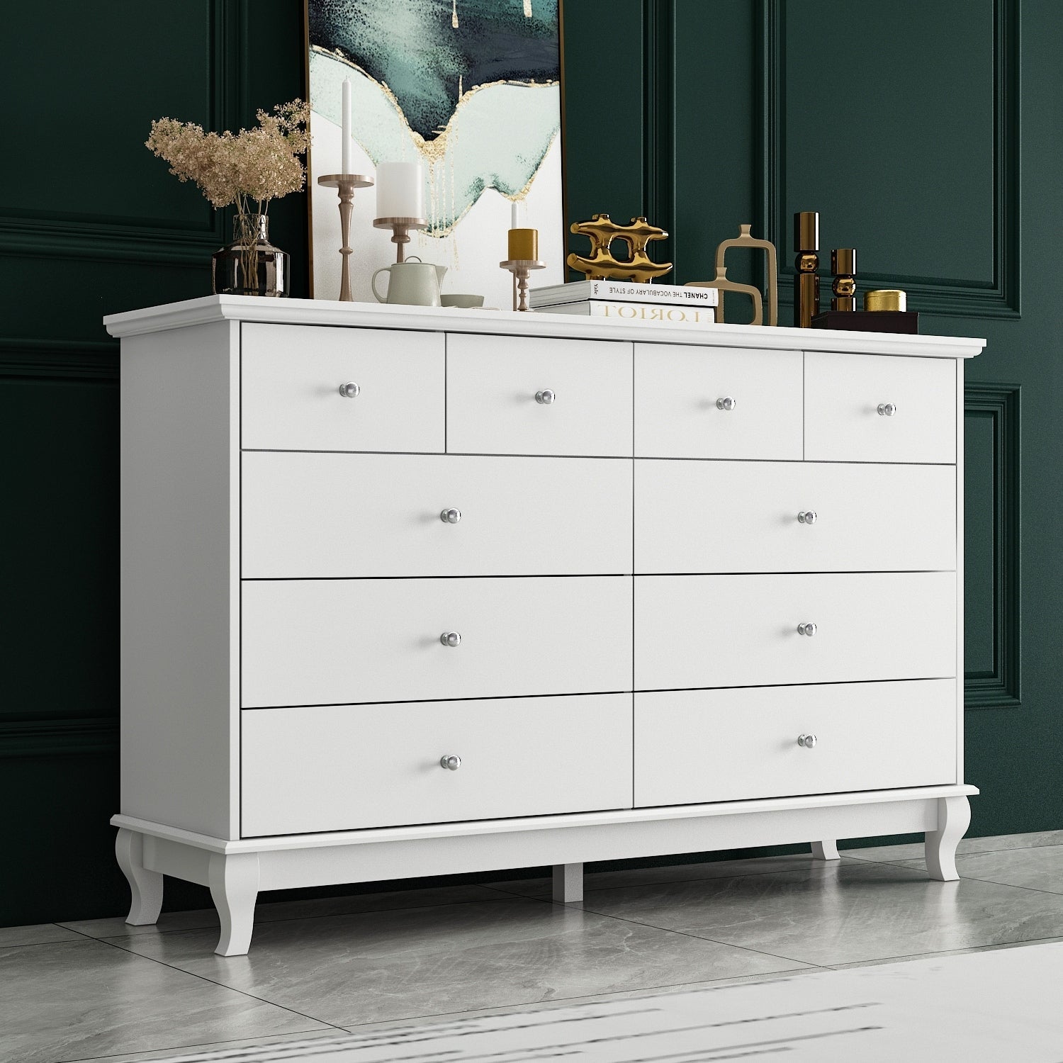 Commode double à 10 tiroirs pour chambre à coucher, blanche, grand espace de rangement