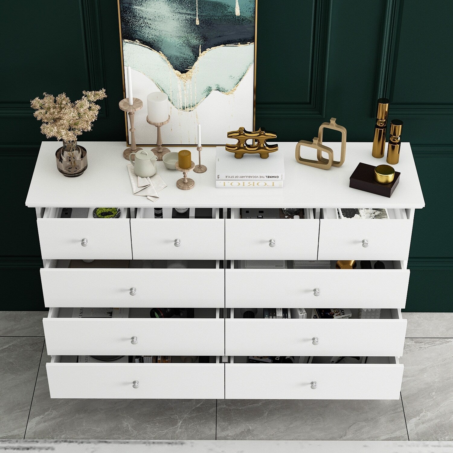 Commode double à 10 tiroirs pour chambre à coucher, blanche, grand espace de rangement