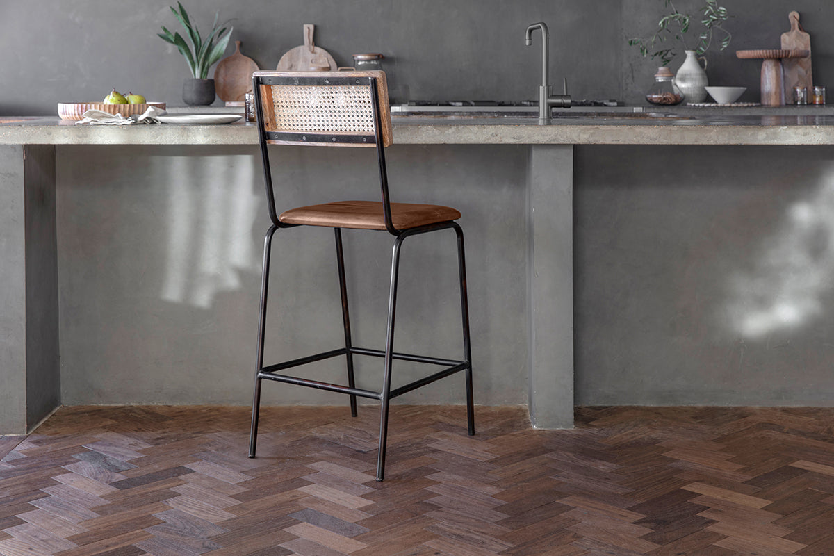 Chaise de comptoir Iswa en cuir et rotin - Beige vieilli