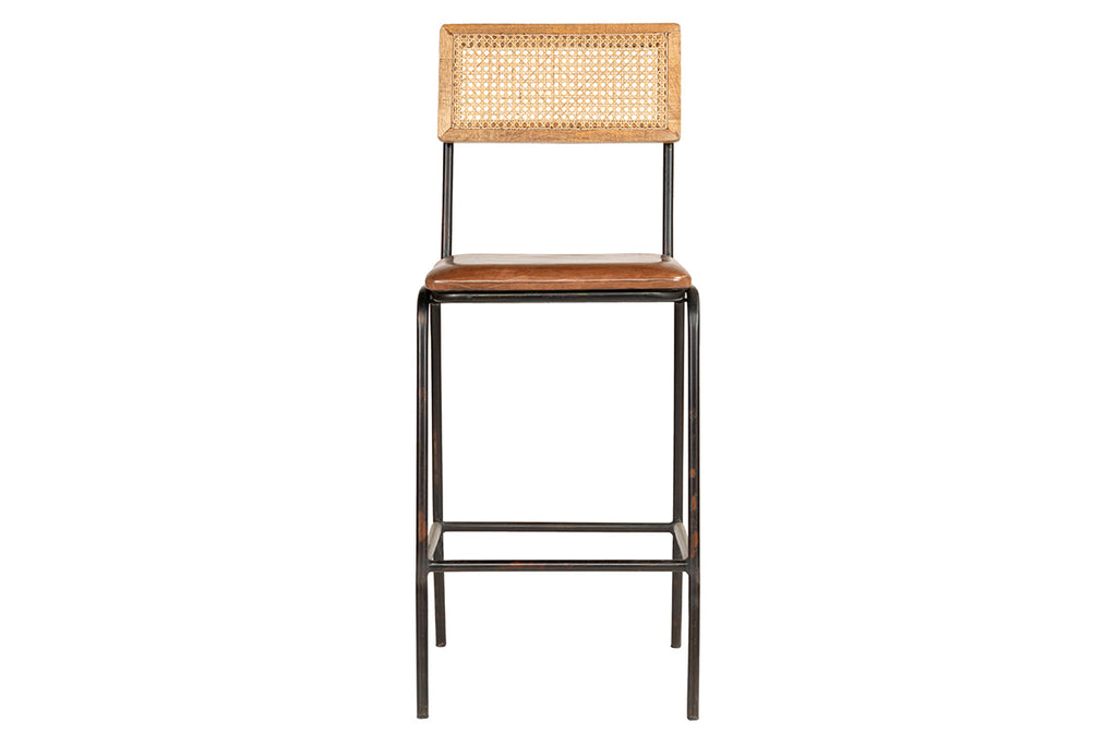 Chaise de comptoir Iswa en cuir et rotin - Beige vieilli