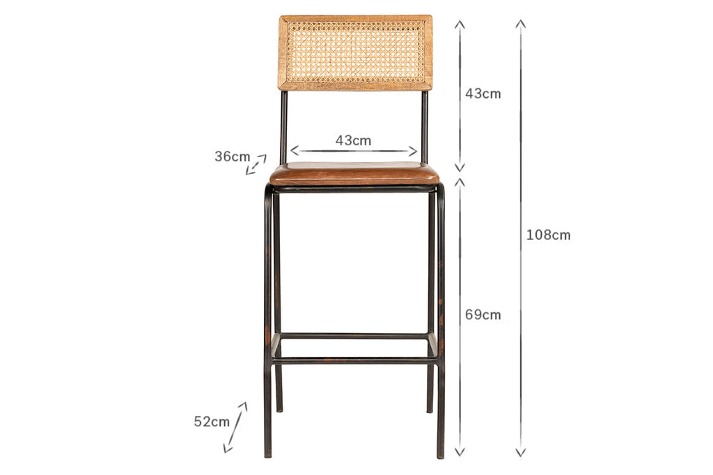 Chaise de comptoir Iswa en cuir et rotin - Beige vieilli