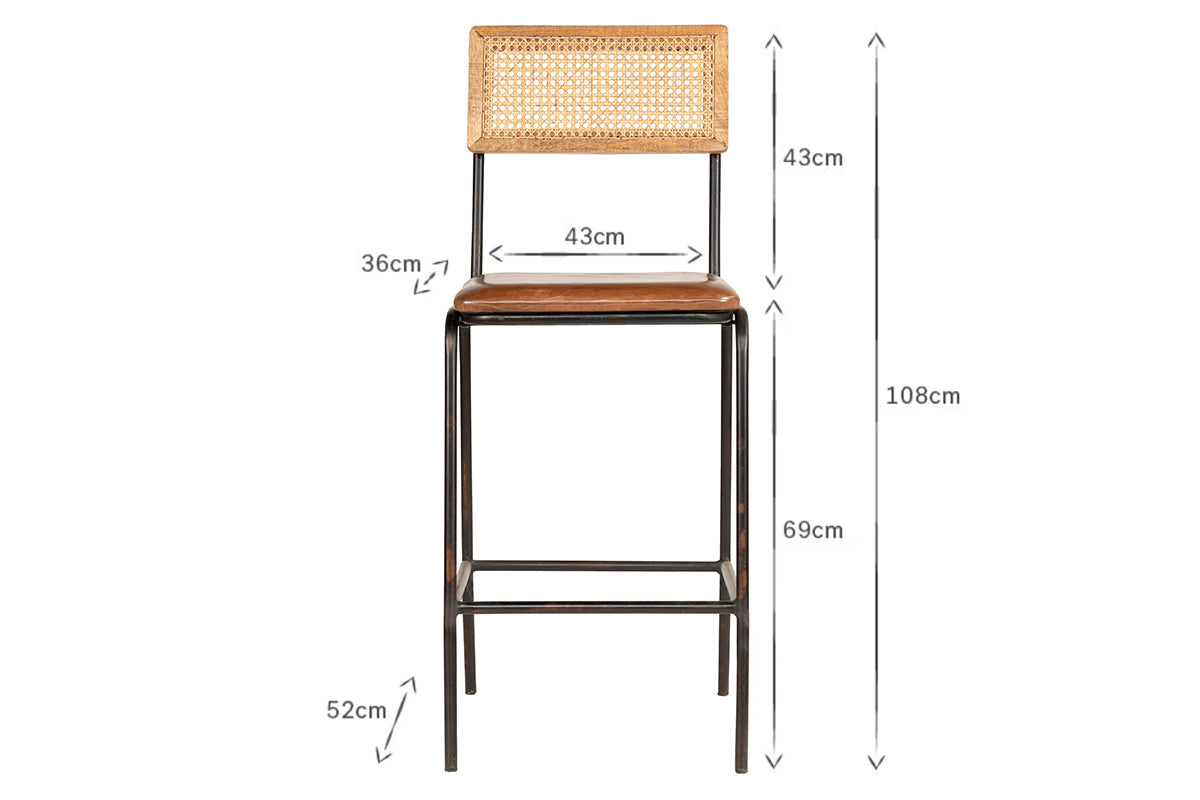 Chaise de comptoir Iswa en cuir et rotin - Beige vieilli