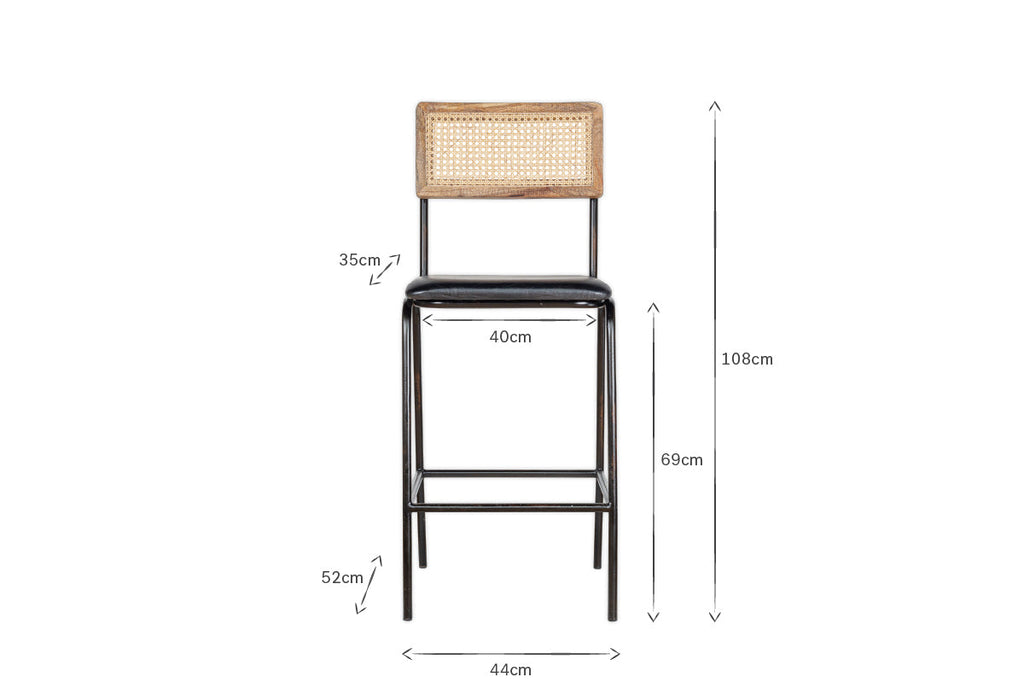Chaise de comptoir Iswa en cuir et rotin - Noir vieilli