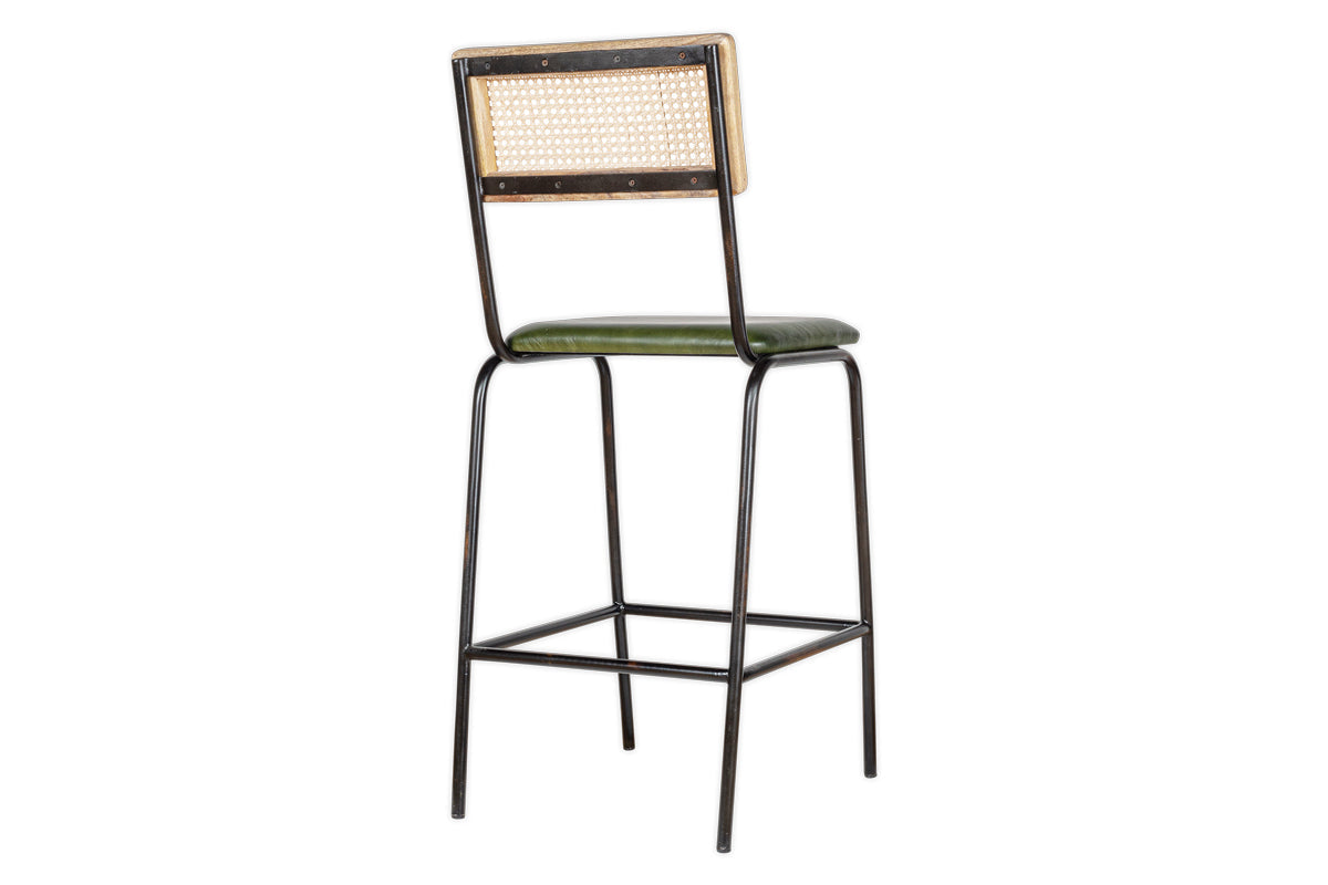 Chaise de comptoir Iswa en cuir et rotin - Vert foncé