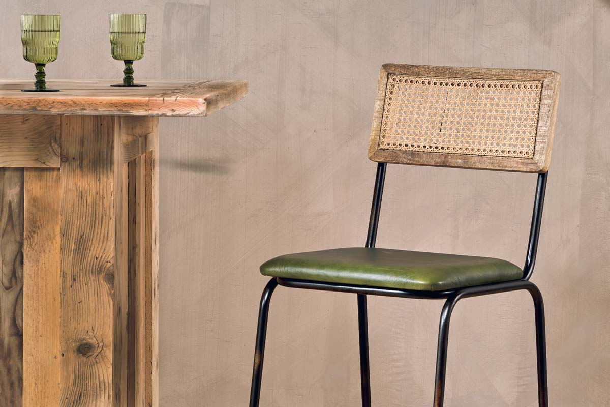 Chaise de comptoir Iswa en cuir et rotin - Vert foncé