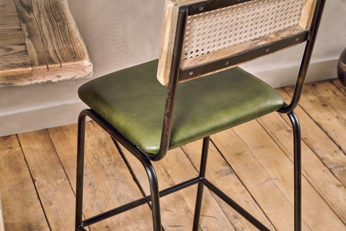 Chaise de comptoir Iswa en cuir et rotin - Vert foncé