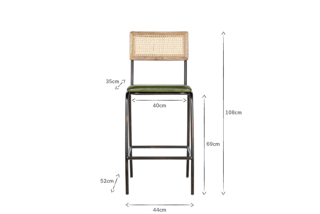 Chaise de comptoir Iswa en cuir et rotin - Vert foncé