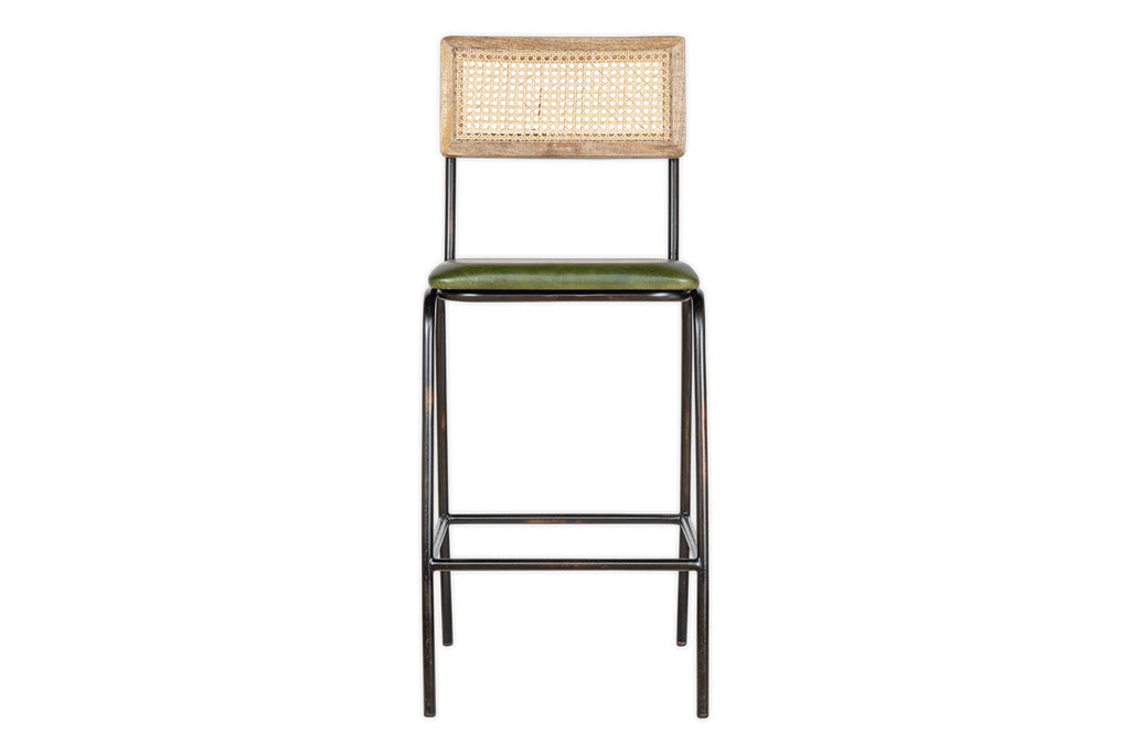 Chaise de comptoir Iswa en cuir et rotin - Vert foncé
