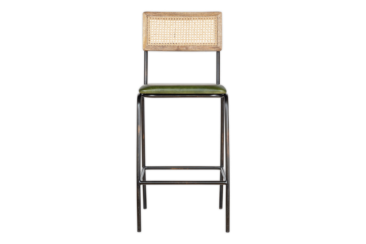 Chaise de comptoir Iswa en cuir et rotin - Vert foncé
