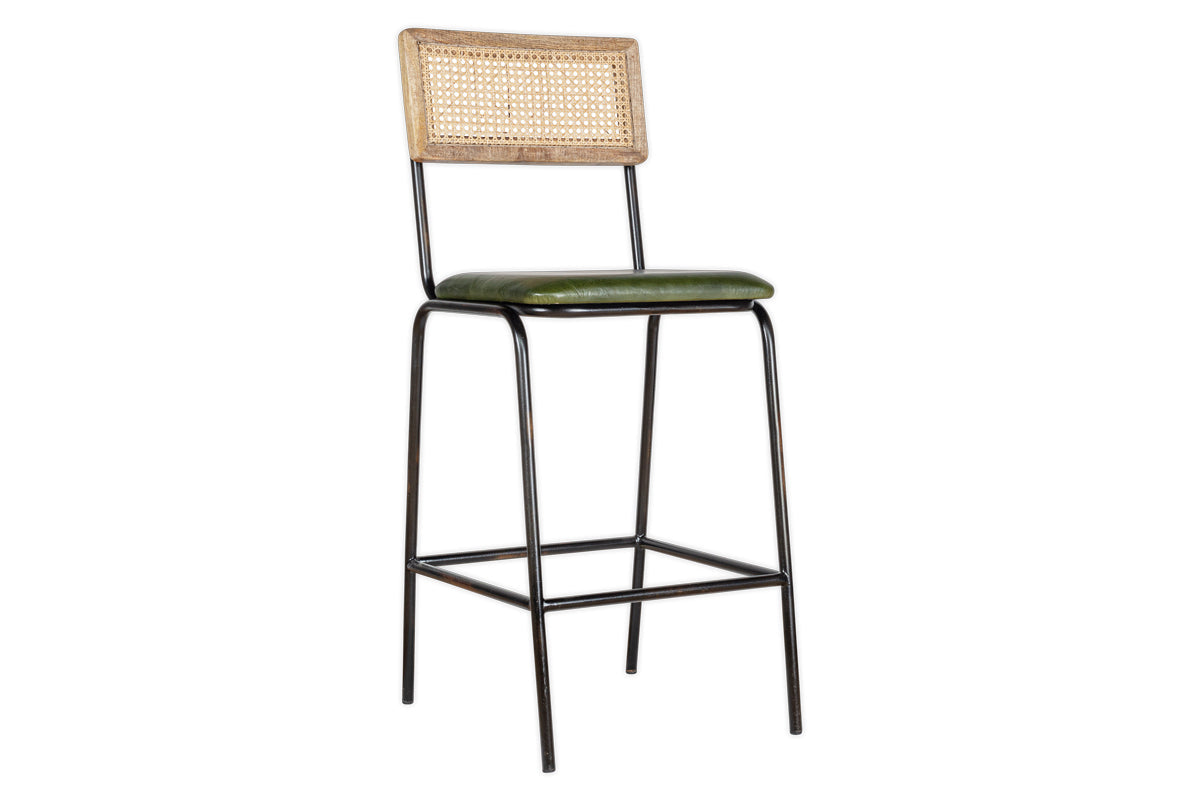 Chaise de comptoir Iswa en cuir et rotin - Vert foncé