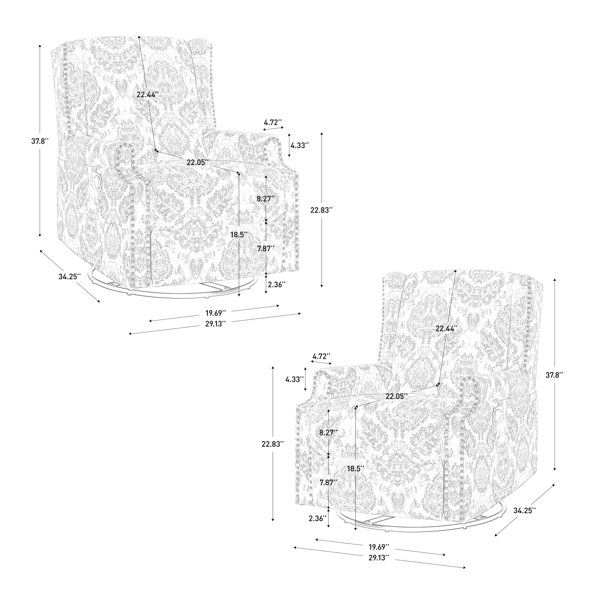 Ensemble de 2 fauteuils inclinables pivotants à bascule de 74 cm (29 po) de largeur, à dossier inclinable manuel.