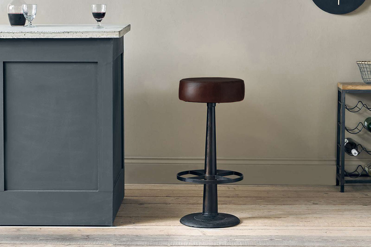 Tabouret rond en cuir Narwana - Marron foncé