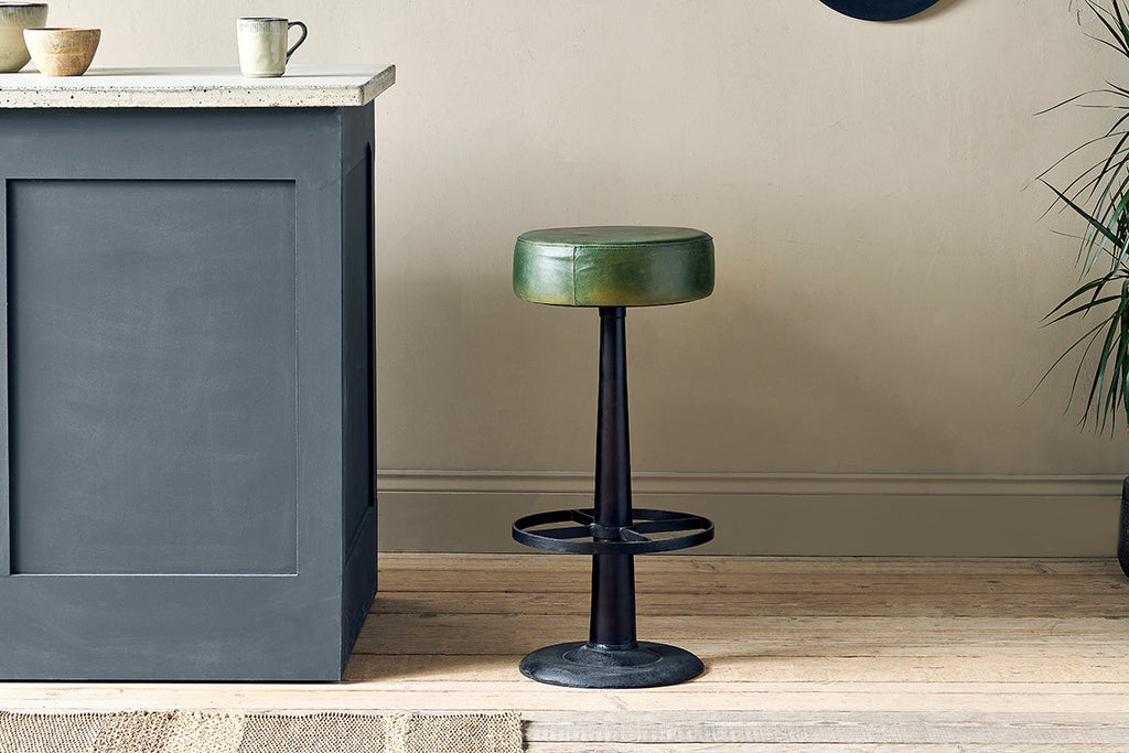 Tabouret rond en cuir Narwana - Vert foncé