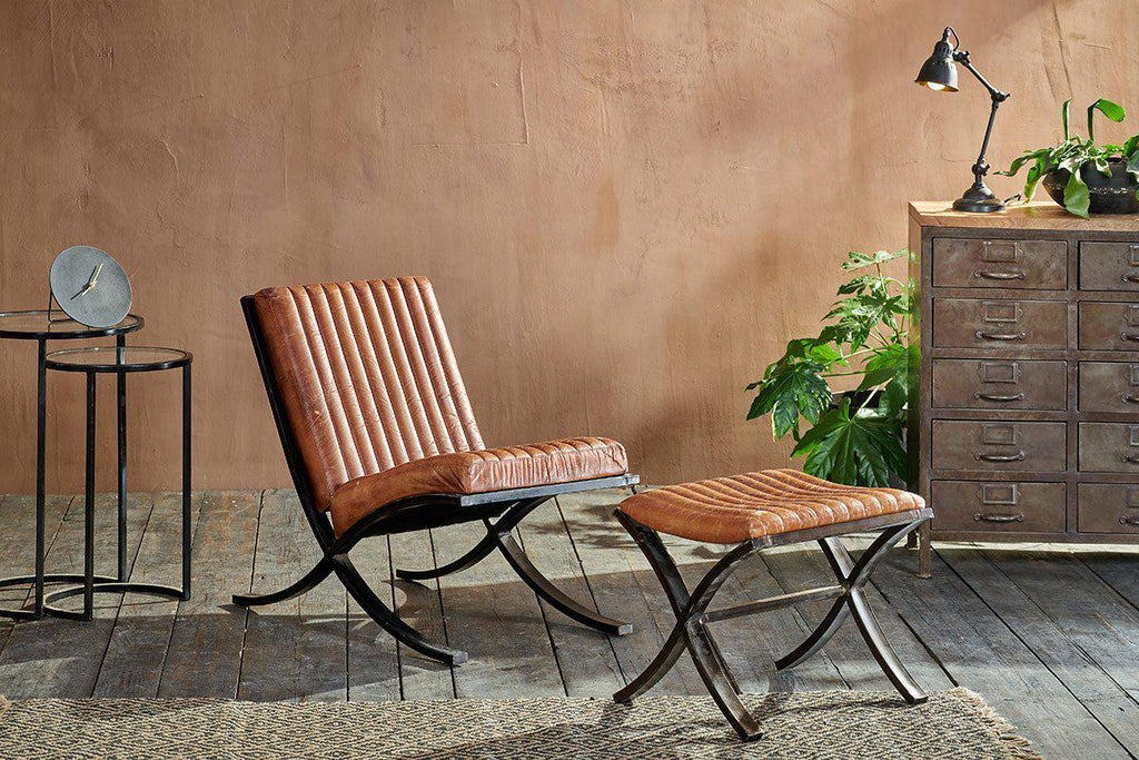 Tabouret Narwana en cuir côtelé - Beige vieilli