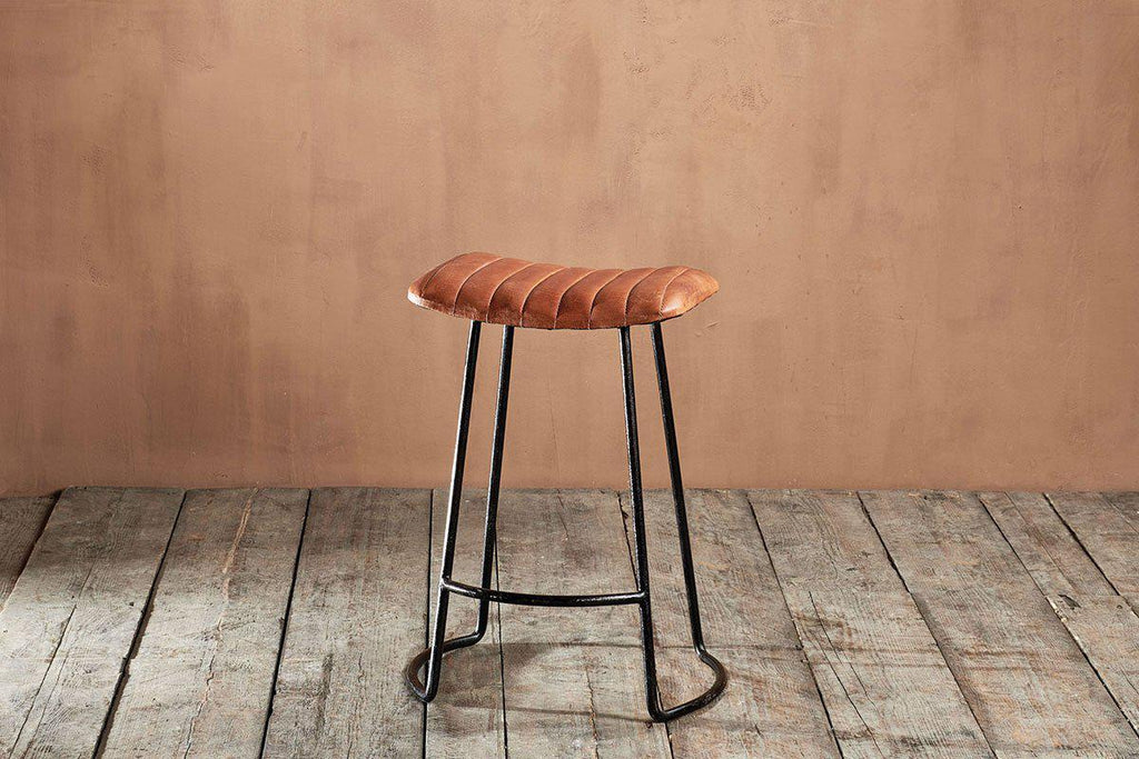 Tabouret Narwana en cuir côtelé - Beige vieilli - Petit