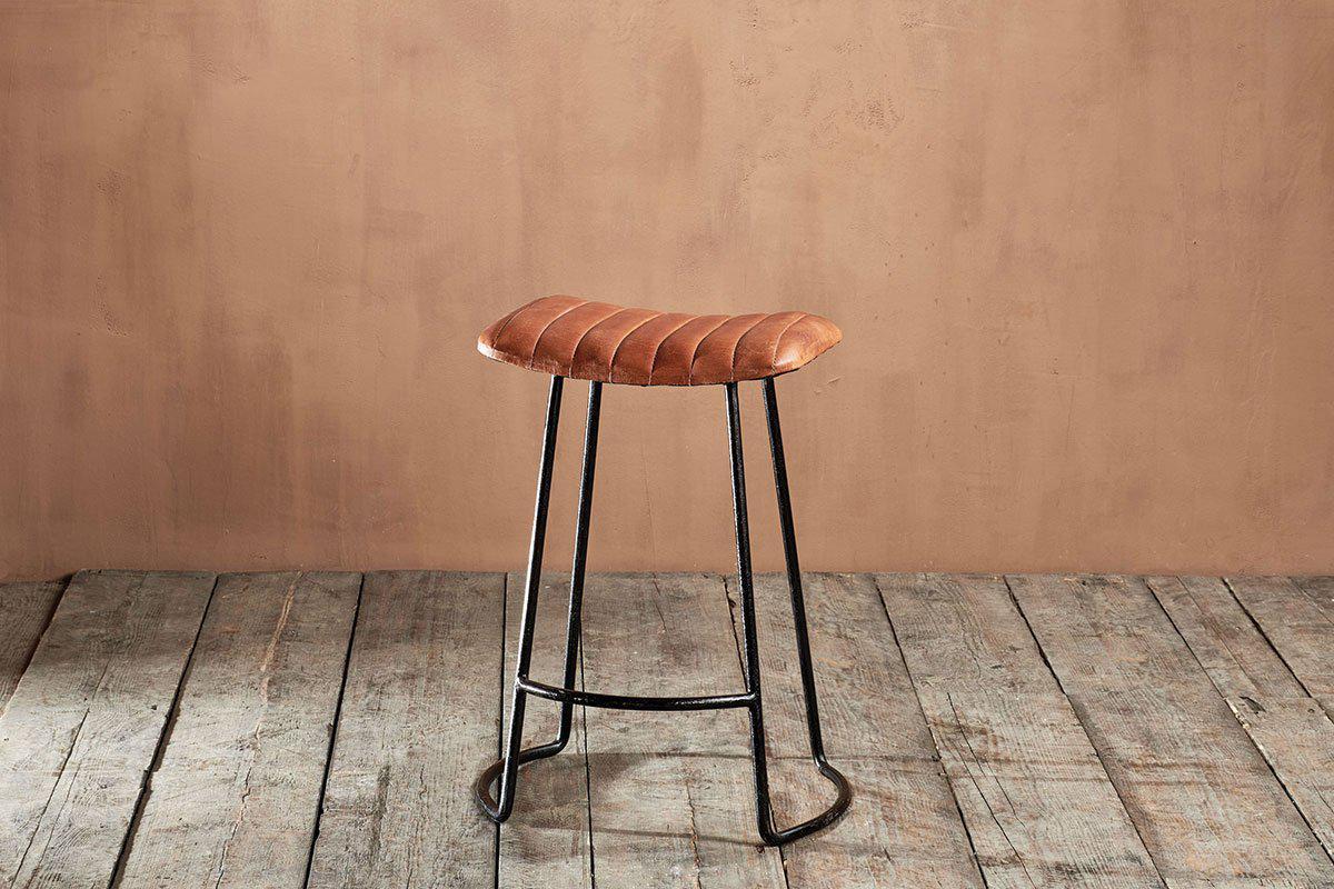 Tabouret Narwana en cuir côtelé - Beige vieilli - Petit