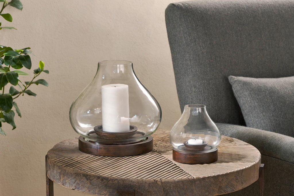 Lanterne en bois de manguier Naryla - Teinte foncée et transparente