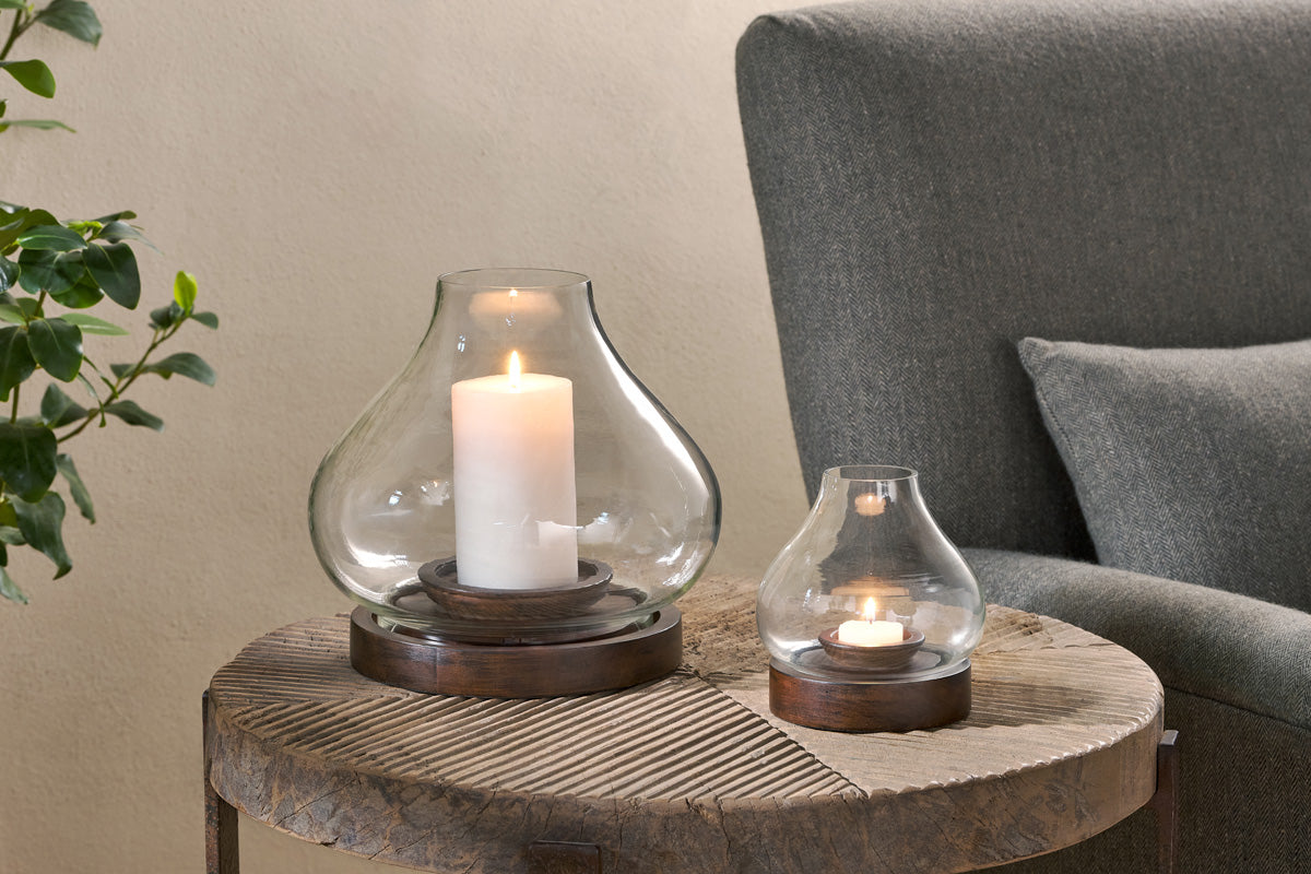 Lanterne en bois de manguier Naryla - Teinte foncée et transparente