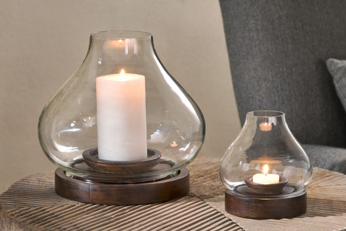 Lanterne en bois de manguier Naryla - Teinte foncée et transparente