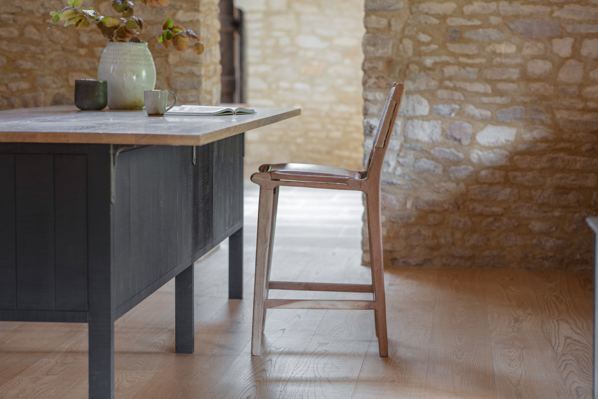 Chaise de comptoir Nayan en cuir et jute - Beige