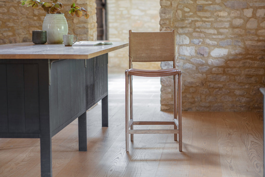 Chaise de comptoir Nayan en cuir et jute - Beige