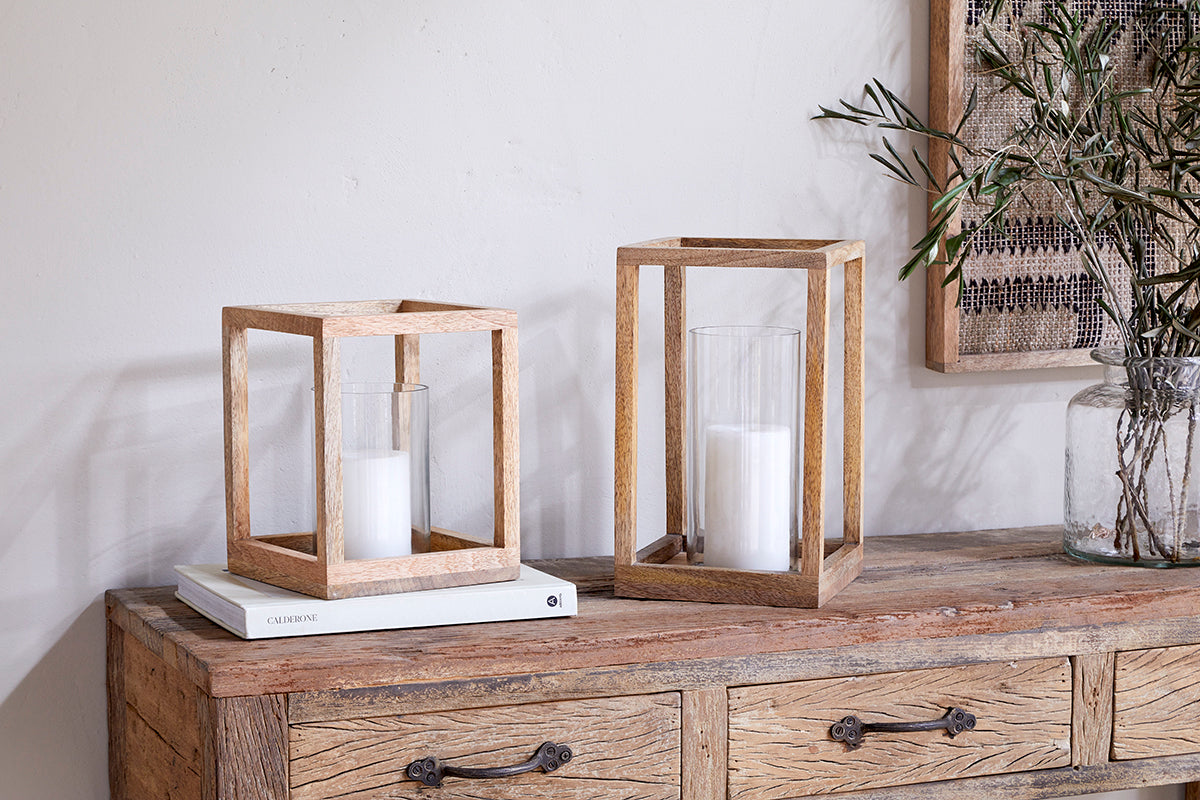 Lanterne en bois de manguier Sanora - Naturel