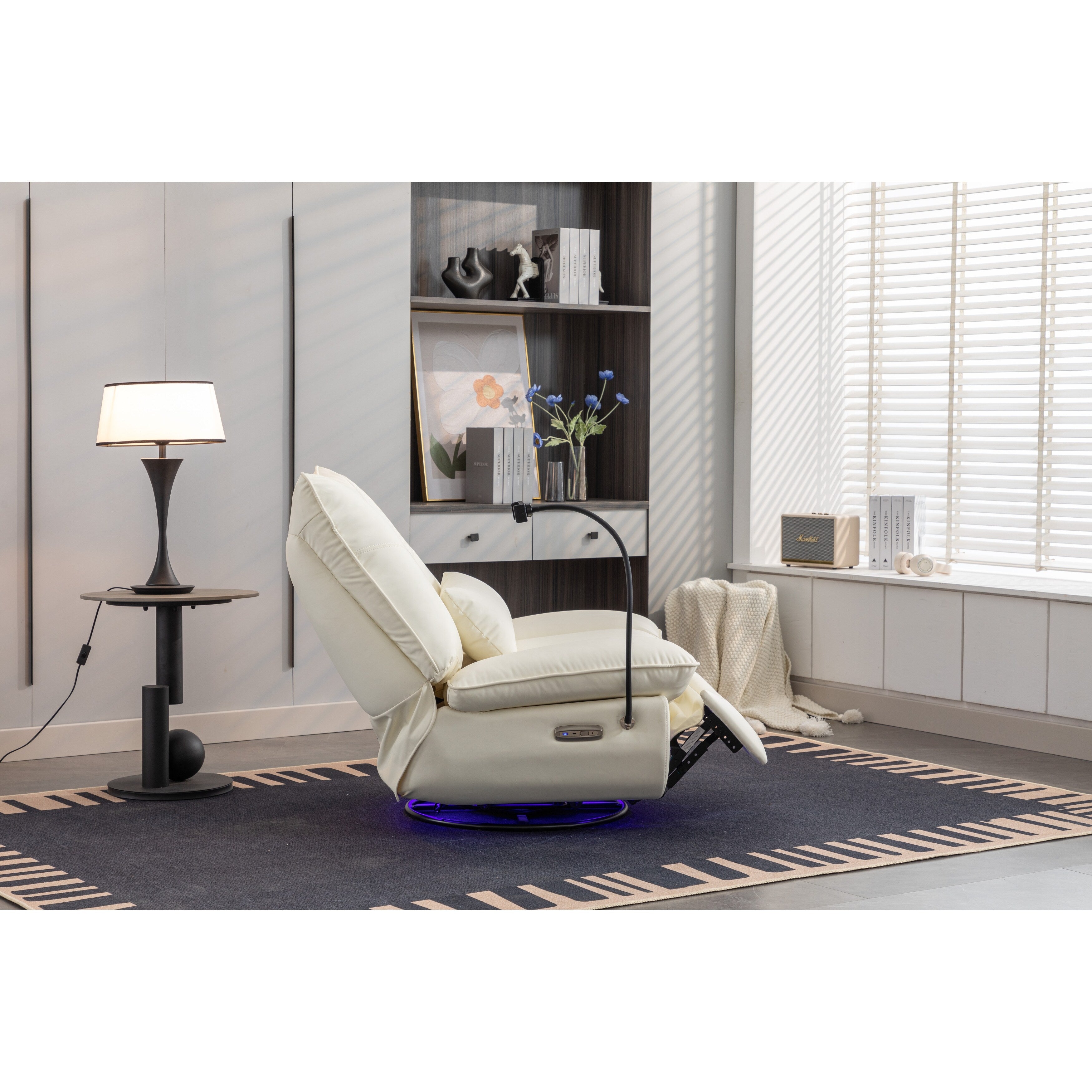 Fauteuil inclinable électrique pivotant avec haut-parleurs Bluetooth, support pour téléphone, ports de chargement USB et Type-C, rangement dissimulé dans l'accoudoir