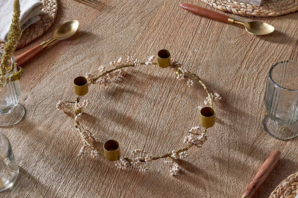 Bougeoir en bois de manguier Tanu - Laiton et naturel