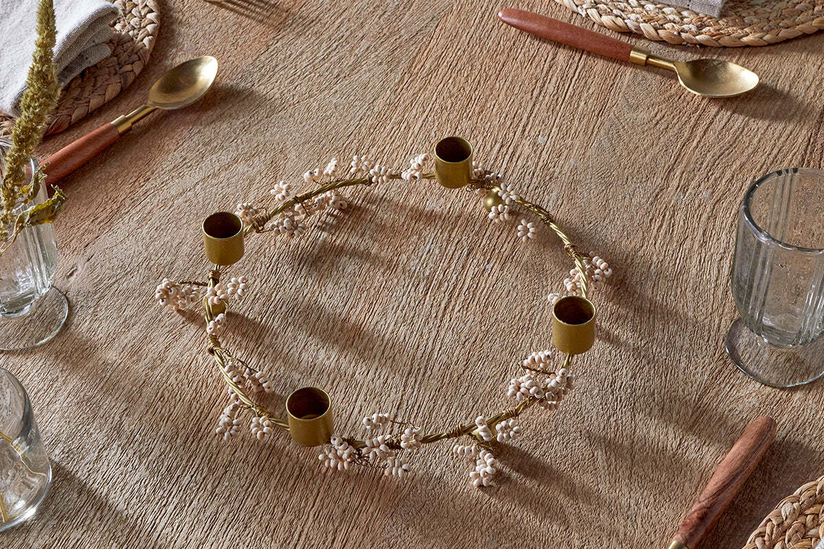 Bougeoir en bois de manguier Tanu - Laiton et naturel