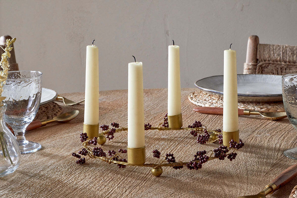 Bougeoir en bois de manguier Tanu, perles - Laiton et rubis