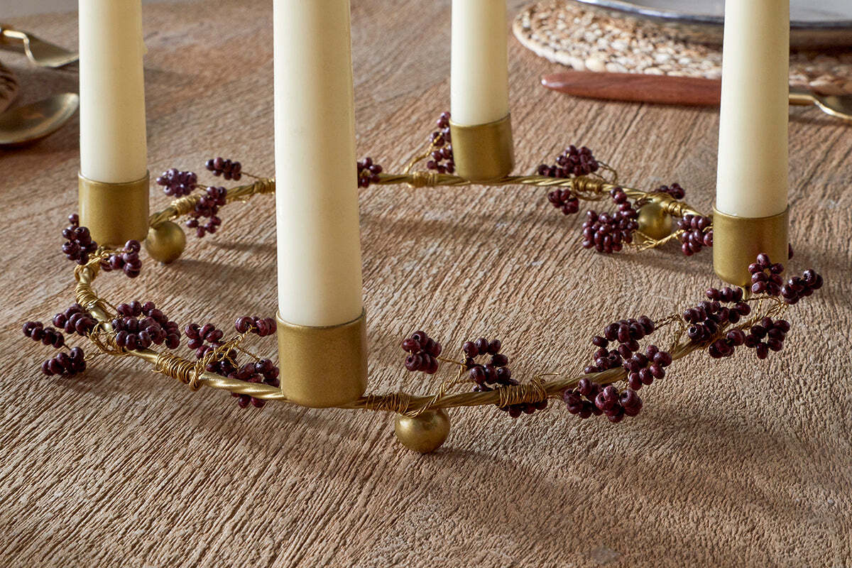 Bougeoir en bois de manguier Tanu, perles - Laiton et rubis